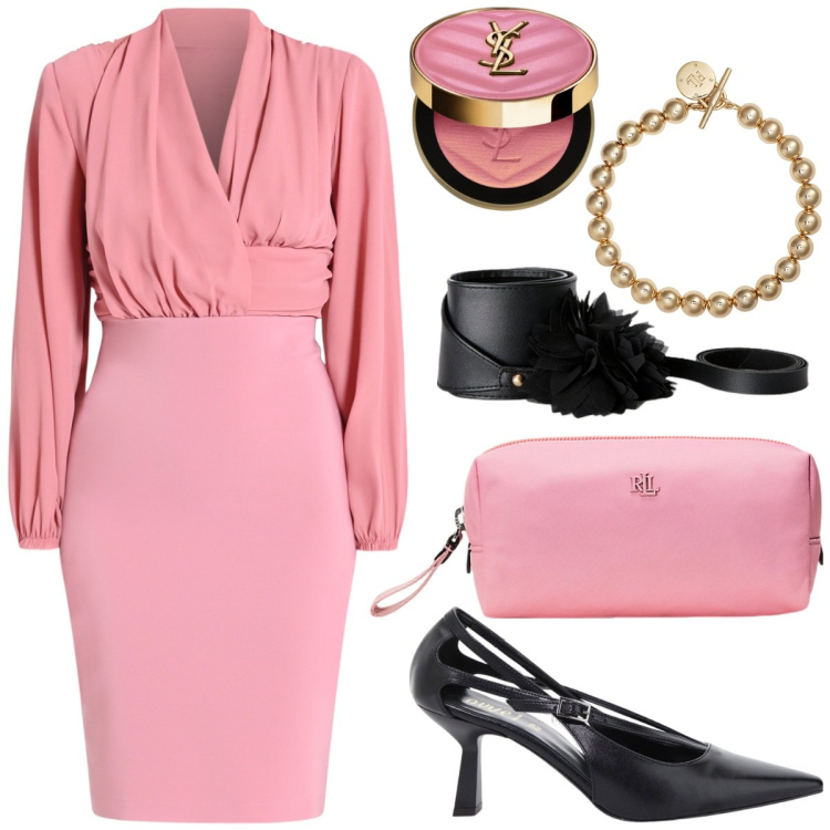 Outfit donna - Rosa chic. Stile Glamour per Serata fuori. Abbinamento con blush, vestiti a tubino, braccialetti, pochette, décolleté, cinture.