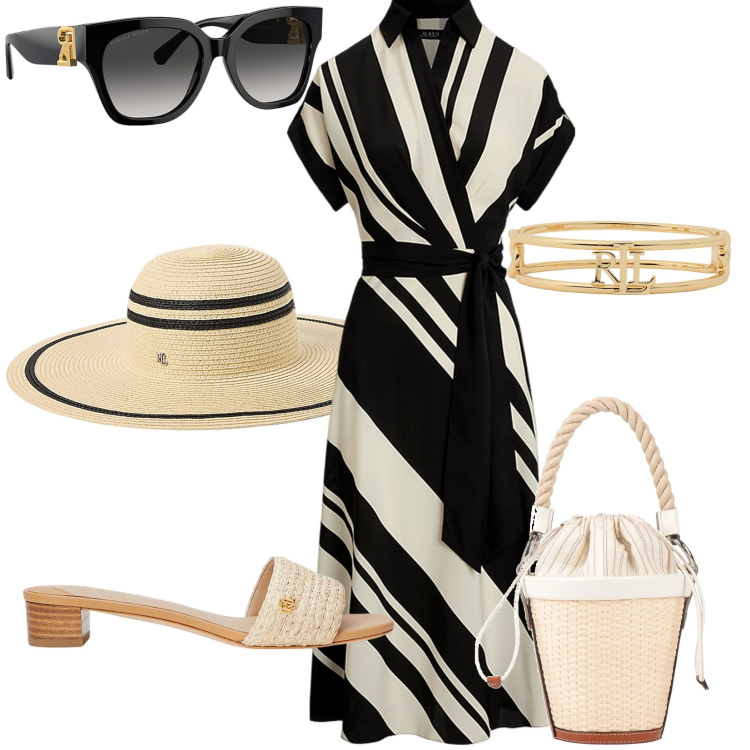 Outfit donna - Giornata d\'estate. Stile Chic per Tutti i giorni. look ideale per Petite. Abbinamento con borse a secchiello, occhiali da sole, vestiti, braccialetti, cappelli, sandali in pelle.