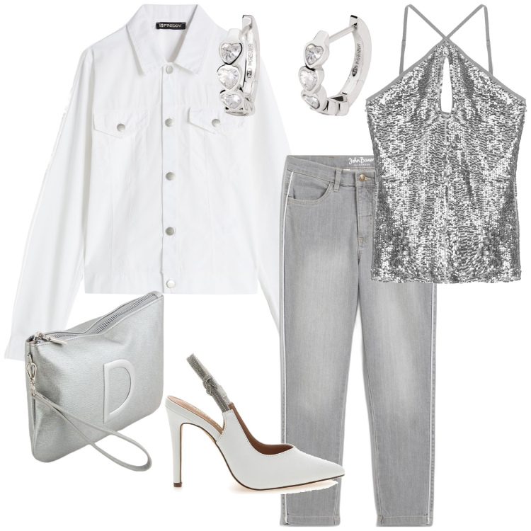 Outfit donna - Silver is chic. Stile Glamour per Serata fuori. Abbinamento con jeans skinny, orecchini, top, blazer, décolleté, pochette.