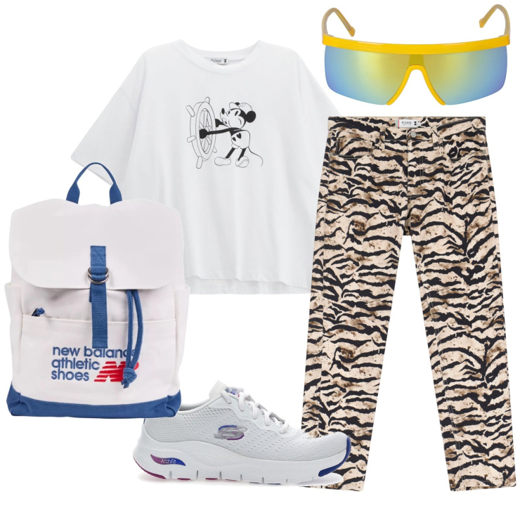 Outfit donna - Guardare i colori. Stile Casual per Tutti i giorni. Abbinamento con zaini, t-shirt, pantaloni chino, sneakers, occhiali da sole.