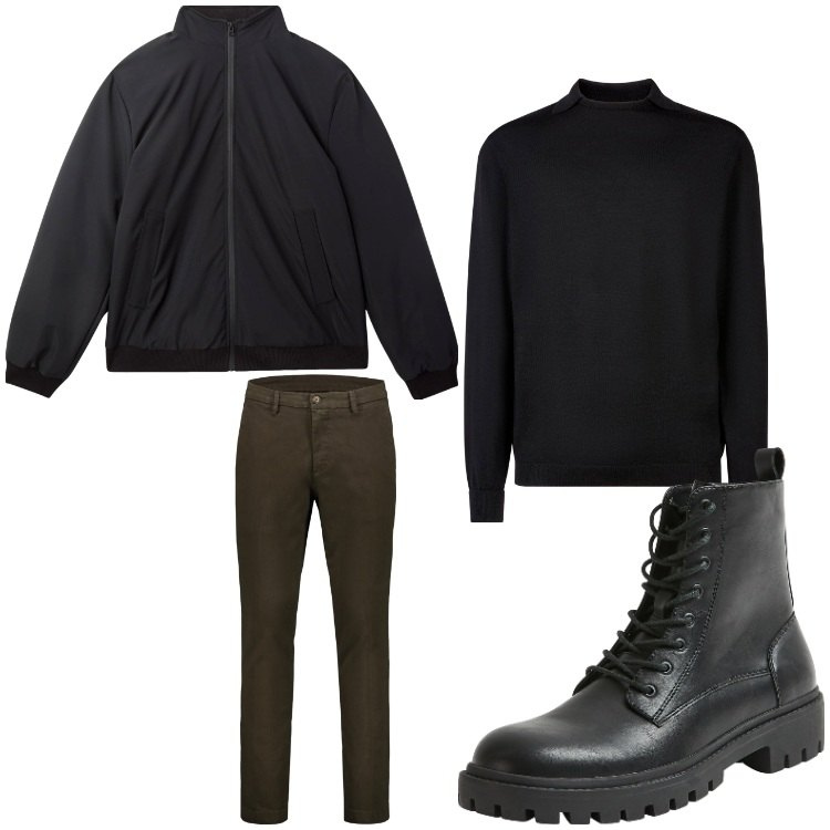 Outfit uomo - Black. Stile Biker Rock per Tutti i giorni. Abbinamento con giacche, anfibi, pantaloni chino, maglieria.