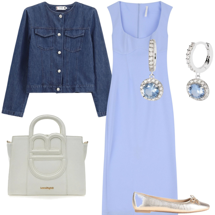 Outfit donna - Serata tra donne. Stile Trendy per Serata fuori. Abbinamento con ballerine, orecchini, blazer, vestiti midi/longuette, borse a tracolla.
