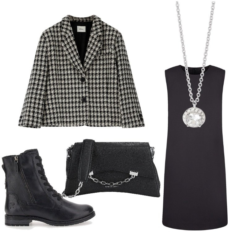 Outfit donna - Tubino rock. Stile Rock per Serata fuori. Abbinamento con borse a tracolla, collane, blazer, vestiti lunghi, anfibi.