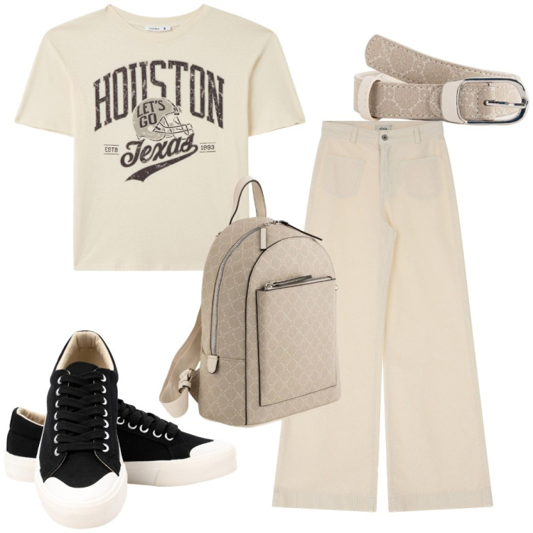 Outfit donna - Zaino in spalla!. Stile Casual per Tutti i giorni. Abbinamento con t-shirt, pantaloni a palazzo, sneakers, cinture, zaini.