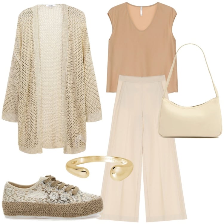 Outfit donna - Colori neutri per l\'estate. Stile Casual chic per Tutti i giorni. Abbinamento con anelli, kimono, pantaloni a palazzo, top, espadrillas, borse a spalla.