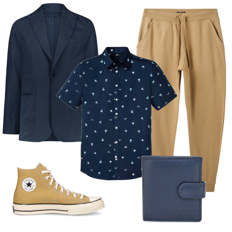 Outfit uomo - Elegante ma non troppo. Stile Trendy per Serata speciale. Abbinamento con camicie a manica corta, pantaloni, portafogli, sneakers, giacche.