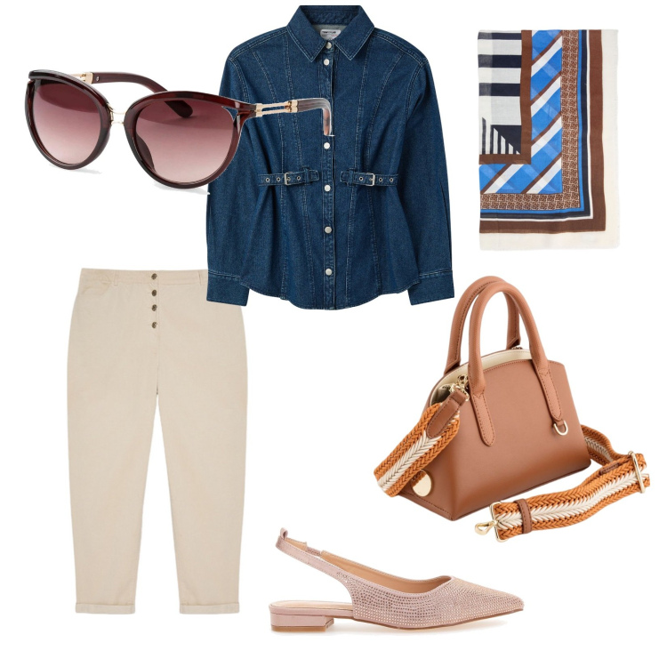Outfit donna - Aria di primavera. per Mare. Abbinamento con occhiali da sole, camicie, foulard, ballerine, borse a mano, pantaloni.