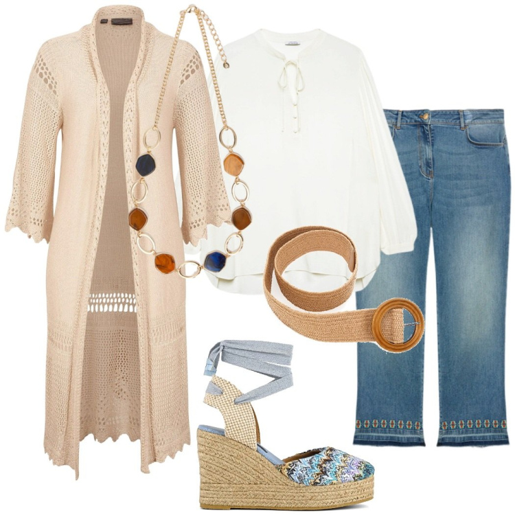 Outfit donna - Stile boho chic. Stile Boho per Tutti i giorni. Abbinamento con cardigans, collane, bluse, sandali col tacco, jeans, cinture.