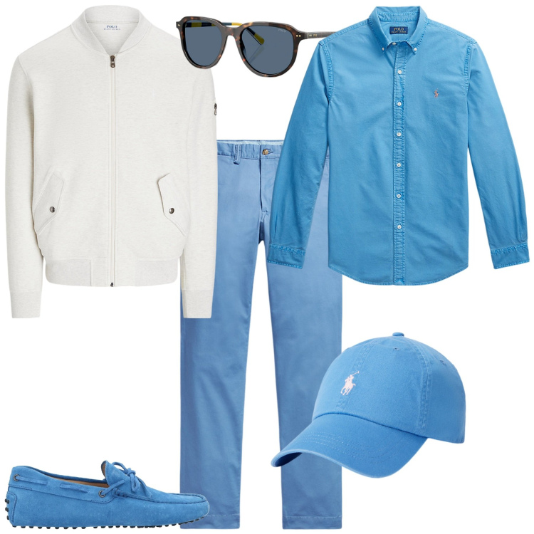 Outfit uomo - Total look #2076902. Stile Trendy per Mare. Abbinamento con scarpe stringate, cappelli, pantaloni, camicie, occhiali da sole, bomber.