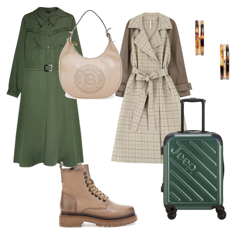 Outfit donna - Ponte di pasqua. per Serata fuori. Abbinamento con trench, orecchini, vestiti lunghi, anfibi, borse a spalla, valigie.