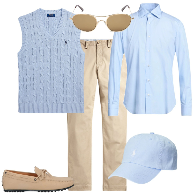 Outfit uomo - Total look #2076907. Stile Trendy per Mare. Abbinamento con camicie, scarpe stringate, cappelli, pantaloni, maglieria, occhiali da sole.
