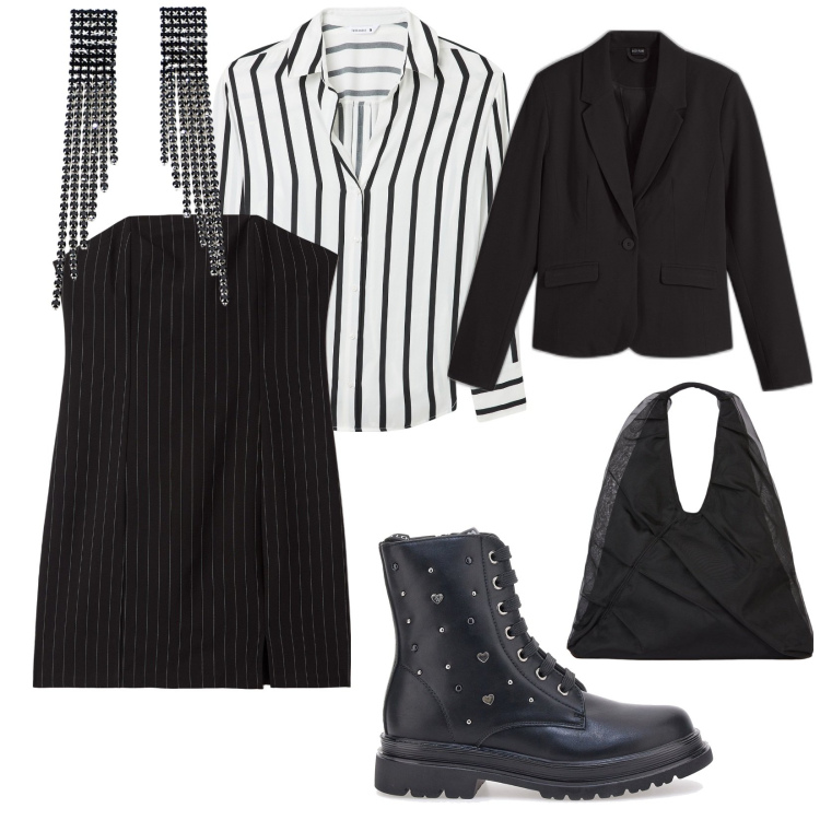 Outfit donna - Black Friday. per Serata fuori. Abbinamento con blazer, vestiti midi/longuette, camicie, orecchini, anfibi, shopping bag.