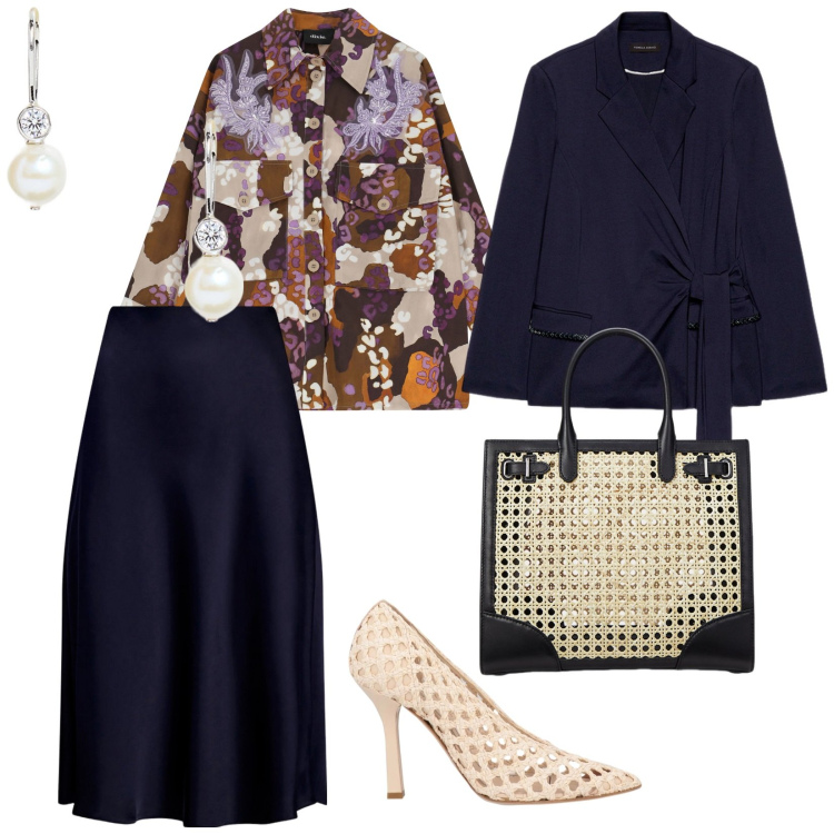Outfit donna - Una riunione di lavoro. per Ufficio. Abbinamento con décolleté, camicie, gonne, orecchini, borse tote, blazer.