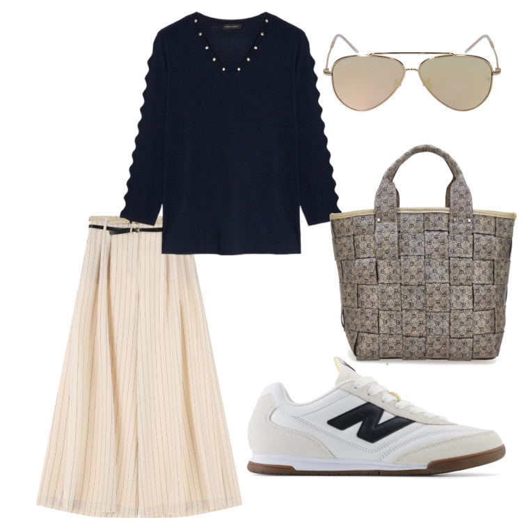 Outfit donna - Pubbliche relazioni. per Ufficio. Abbinamento con sneakers, pantaloni a palazzo, maglieria, borse a mano, occhiali da sole.