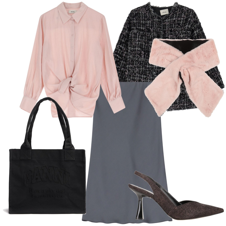 Outfit donna - Un ufficio super bon ton. Stile Bon Ton per Ufficio. Abbinamento con décolleté, sciarpe, gonne, camicie, blazer, shopping bag.