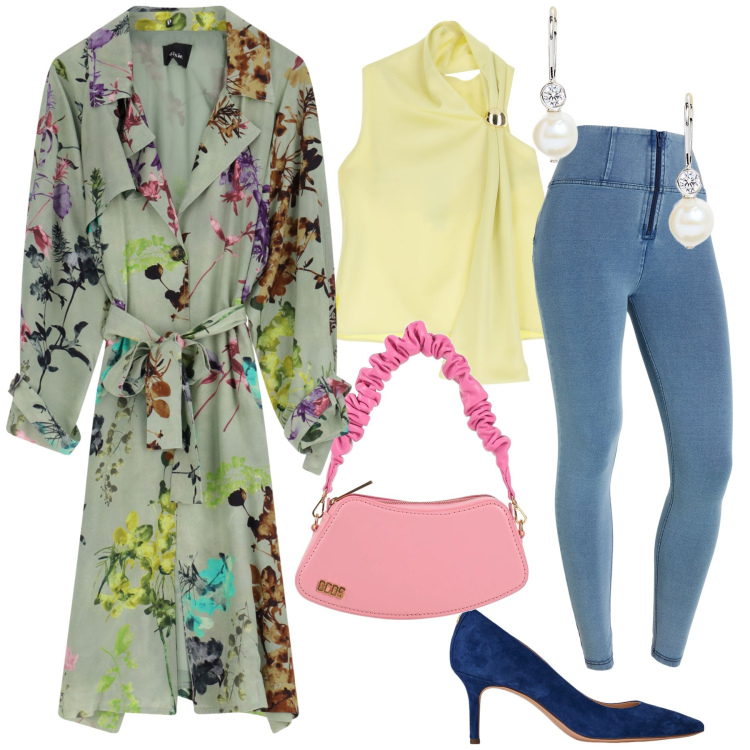 Outfit donna - Total look. Stile Glamour per Serata fuori. Abbinamento con borse a mano, top, jeggings, trench, décolleté, orecchini.
