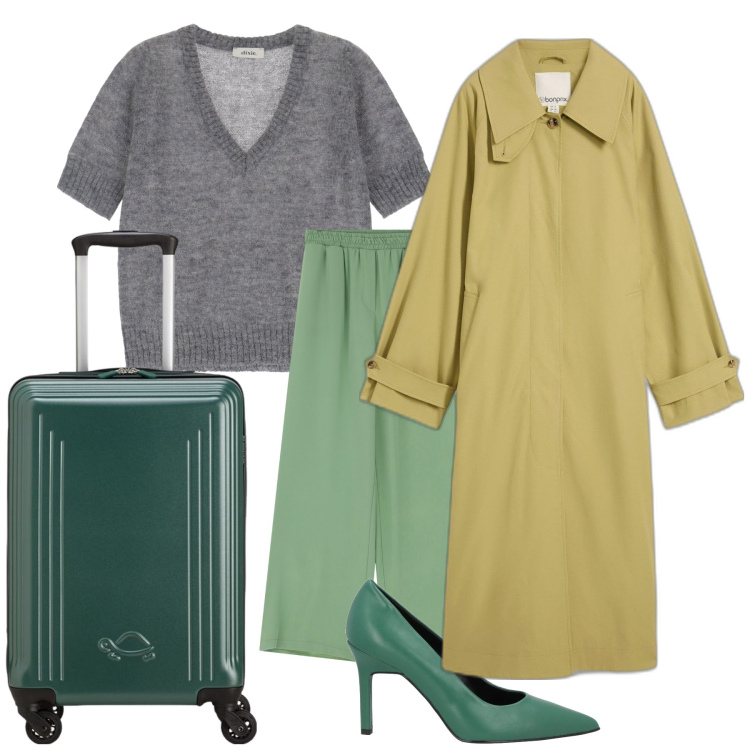 Outfit donna - L aereo mi aspetta. Stile Chic per Tutti i giorni. Abbinamento con trench, décolleté, pantaloni a palazzo, maglieria, valigie.