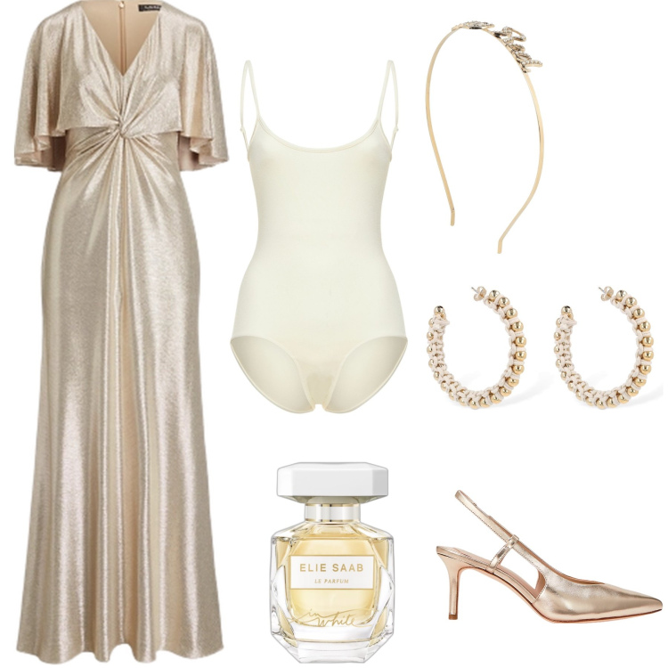 Outfit donna - Golden bride. Stile Chic per Cerimonia. Abbinamento con cerchietti, profumi, vestiti, décolleté, body, orecchini.