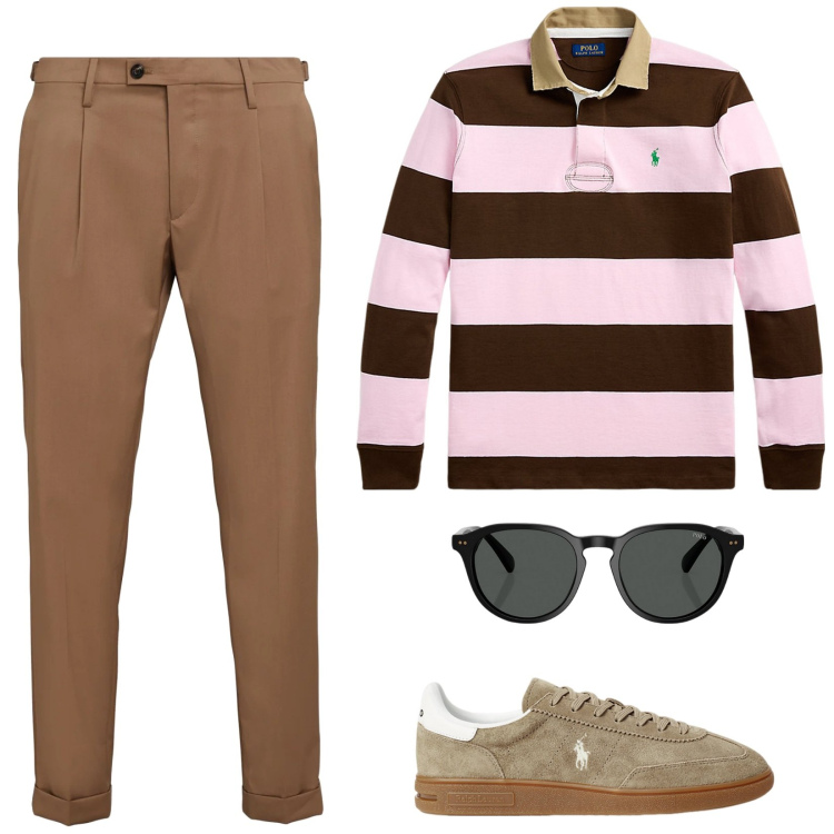 Outfit uomo - La polo a strisce. Stile Casual per Tutti i giorni. Abbinamento con pantaloni, sneakers, occhiali da sole, maglieria.