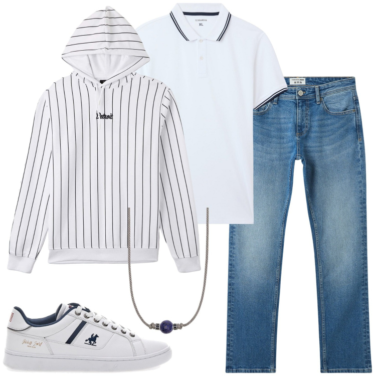 Outfit uomo - La felpa righe. Stile Casual per Tutti i giorni. Abbinamento con collane, jeans, polo, felpe con cappuccio, sneakers.