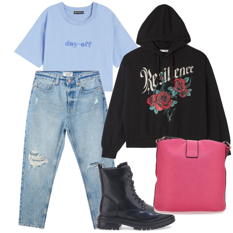 Outfit donna - Tempo libero per amici. Stile Casual per Tutti i giorni. Abbinamento con jeans mom, felpe con cappuccio, t-shirt, stivaletti, borse a spalla.
