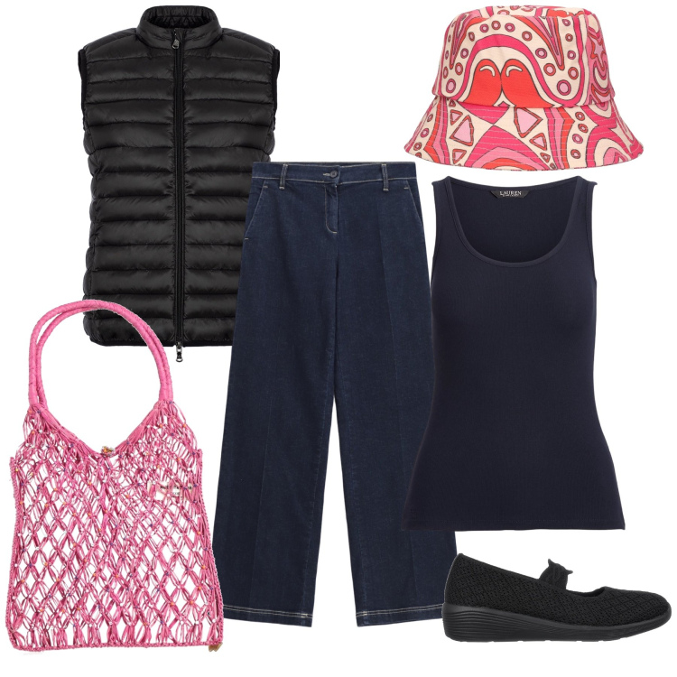 Outfit donna - Total look. Stile Basic per Tutti i giorni. Abbinamento con borse a mano, jeans dritti, canottiere, piumini, ballerine, cappelli.