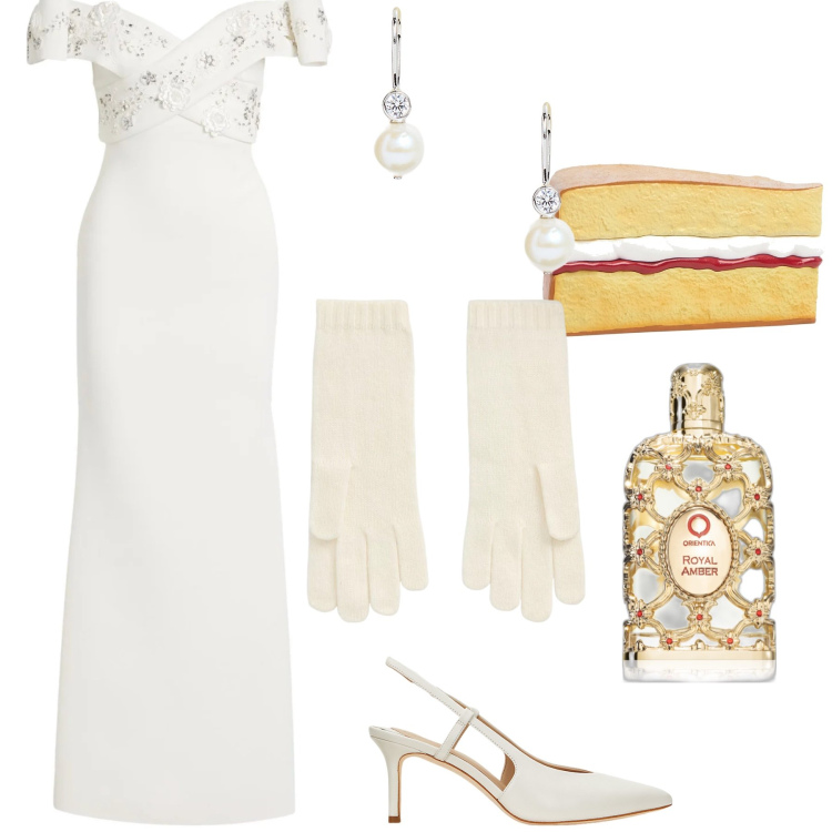 Outfit donna - La torta della sposa. Stile Glamour per Cerimonia. Abbinamento con vestiti lunghi, profumi, orecchini, décolleté, guanti, pochette.