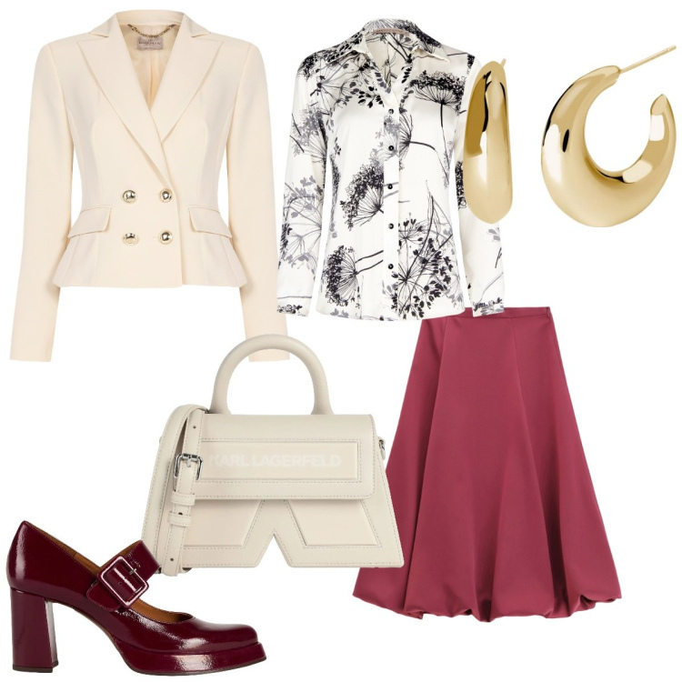 Outfit donna - Gonna midi per la primavera. Stile Chic per Serata fuori. Abbinamento con décolleté, borse a mano, orecchini, blazer, camicie, gonne longuette.