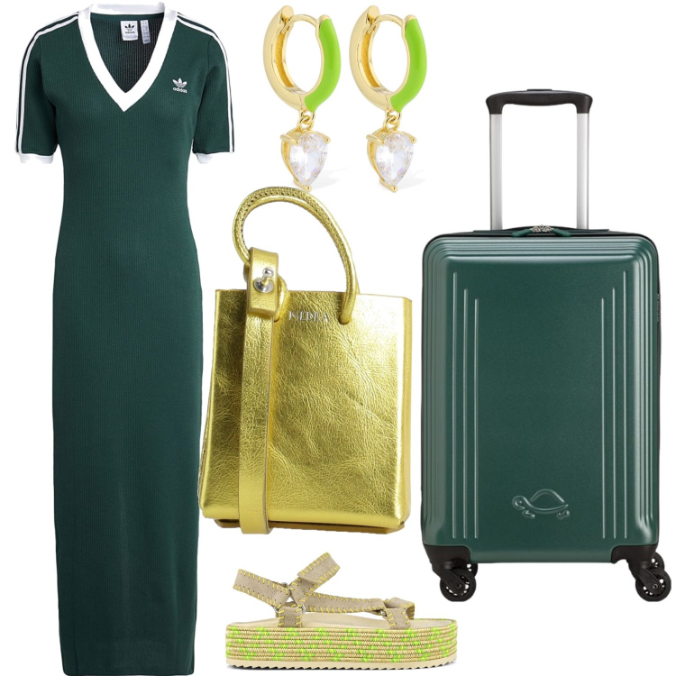 Outfit donna - Viaggio sporty chic. Stile Sporty chic per Tutti i giorni. Abbinamento con vestiti lunghi, borse a spalla, sandali, valigie, orecchini.