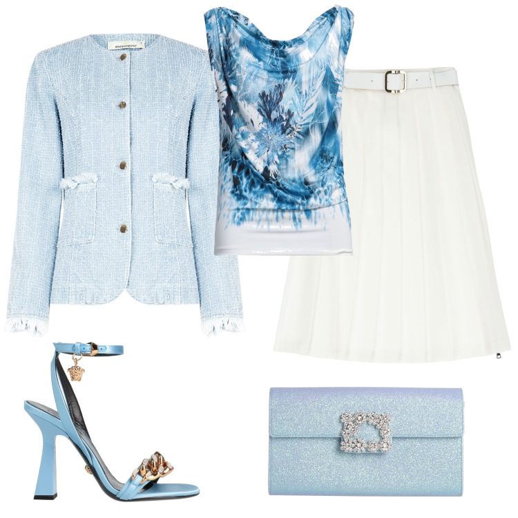 Outfit donna - Cielo di primavera. Stile Chic per Cerimonia. Abbinamento con top, sandali in pelle, borse a mano, gonne longuette, blazer.