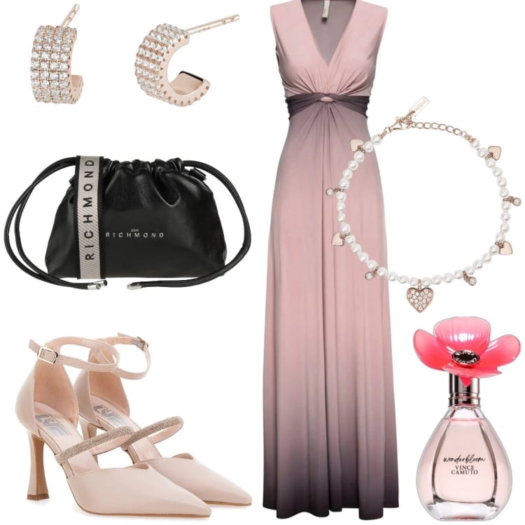 Outfit donna - La damigella della sposa. Stile Glamour per Cerimonia. Abbinamento con borse a tracolla, vestiti, profumi, braccialetti, orecchini, décolleté.