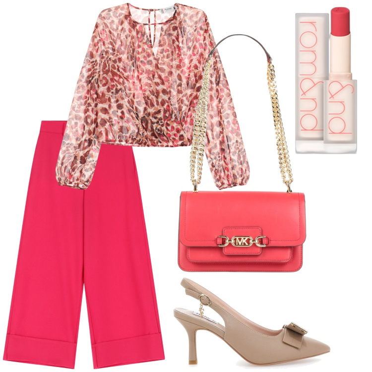 Outfit donna - Blusa eterea. Stile Chic per Serata fuori. Abbinamento con borse a spalla, rossetti, bluse, pantaloni a palazzo, décolleté.