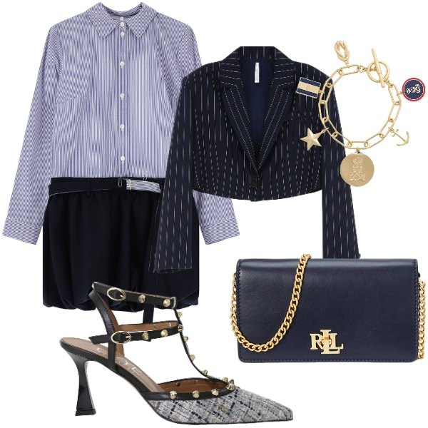 Outfit donna - Invito a cena. Stile Glamour per Serata fuori. Abbinamento con vestiti corti, blazer, décolleté, borse a mano, braccialetti con ciondoli.