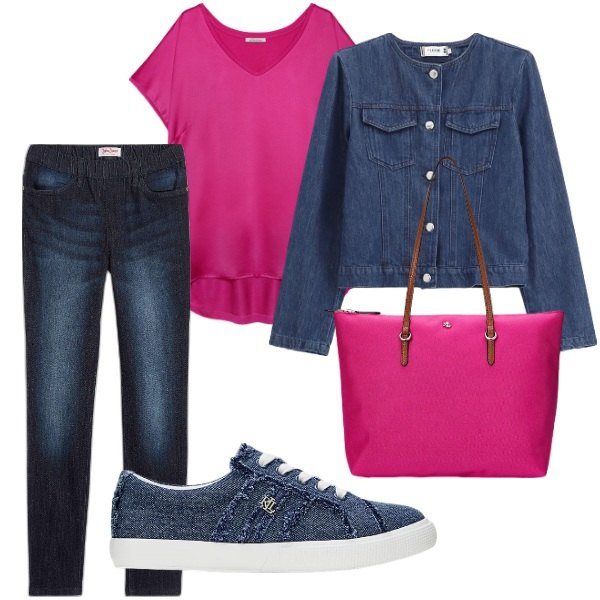 Outfit donna - A spasso per la città. Stile Trendy per Tutti i giorni. Abbinamento con jeggings, blazer, borse tote, sneakers, t-shirt.
