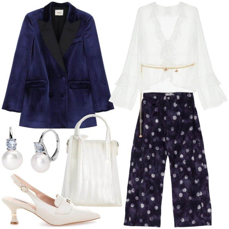 Outfit donna - Serata evento. Stile Glamour per Serata fuori. Abbinamento con borse a mano, orecchini, pantaloni, bluse, blazer, décolleté.