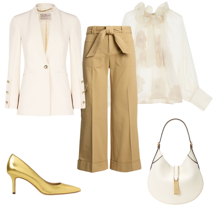 Outfit donna - Champagne. Stile Chic per Cerimonia. Abbinamento con blazer, bluse, décolleté, pantaloni cargo, borse a spalla.