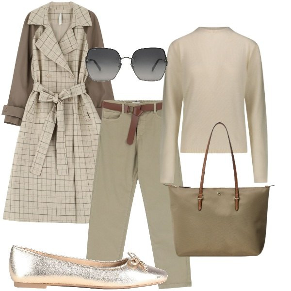 Outfit donna - Aspettando la primavera. Stile Trendy per Tutti i giorni. Abbinamento con occhiali da sole, ballerine, pantaloni, trench, borse tote, pullovers.
