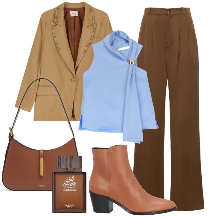 Outfit donna - Il top celeste. Stile Casual chic per Tutti i giorni. Abbinamento con stivaletti, profumi, top, blazer, pantaloni, borse a spalla.