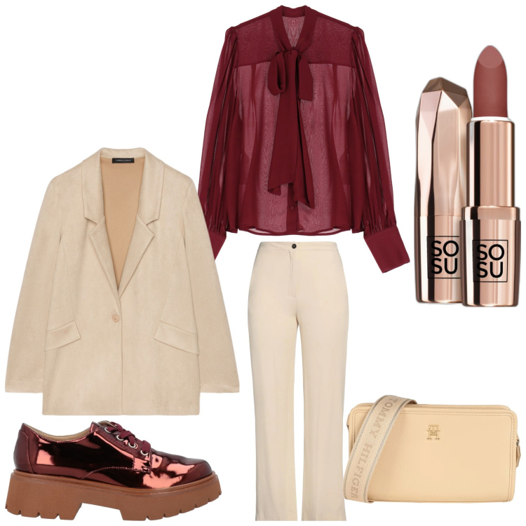 Outfit donna - Beige e burgundy. Stile Casual chic per Ufficio. Abbinamento con pantaloni, scarpe stringate, borse a tracolla, rossetti, camicie, blazer.