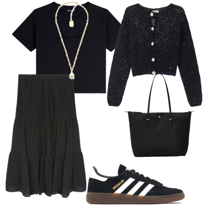 Outfit donna - Sportiva tutto il giorno. per Tutti i giorni. Abbinamento con collane, t-shirt, cardigans, borse tote, gonne lunghe, sneakers.