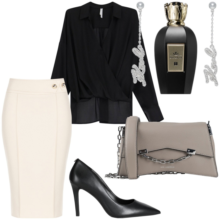 Outfit donna - Blusa nera fluida. Stile Sexy per Serata fuori. Abbinamento con borse a tracolla, orecchini, décolleté, profumi, gonne, bluse.