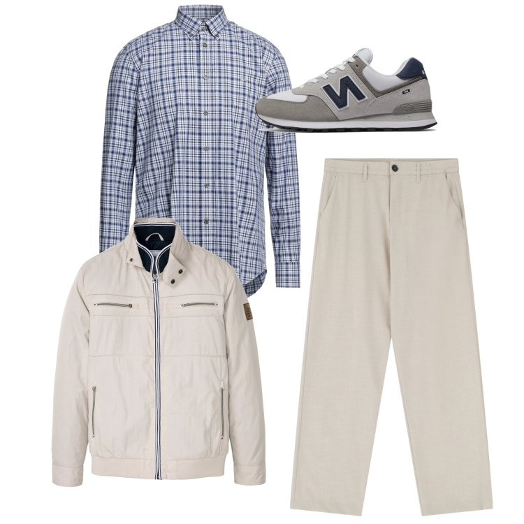 Outfit uomo - Marzo chiaro. Stile Casual per Tutti i giorni. Abbinamento con giacche, camicie, sneakers, pantaloni.