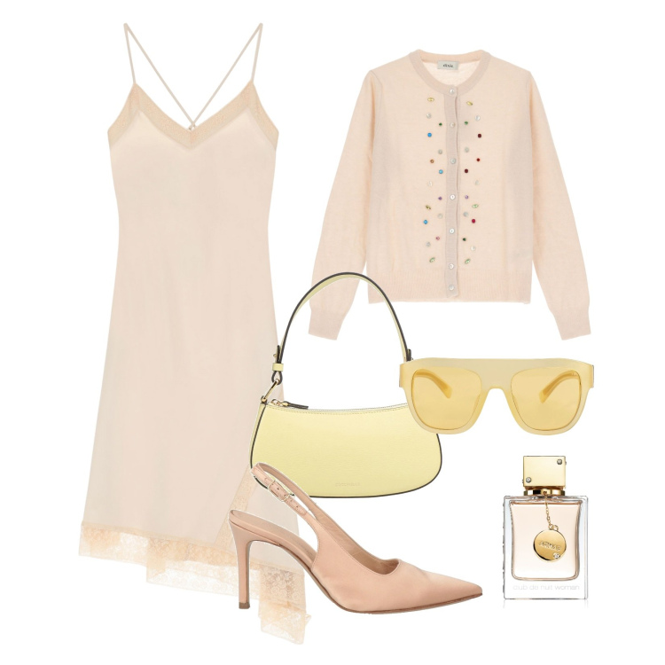 Outfit donna - Pastel Power. Stile Bon Ton per Cerimonia. Abbinamento con décolleté, occhiali da sole, borse a mano, profumi, cardigans, vestiti asimmetrici.