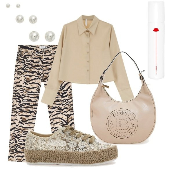 Outfit donna - Domenica mattina. Stile Trendy per Tutti i giorni. Abbinamento con profumi, pantaloni chino, camicie, orecchini, espadrillas, borse a spalla.