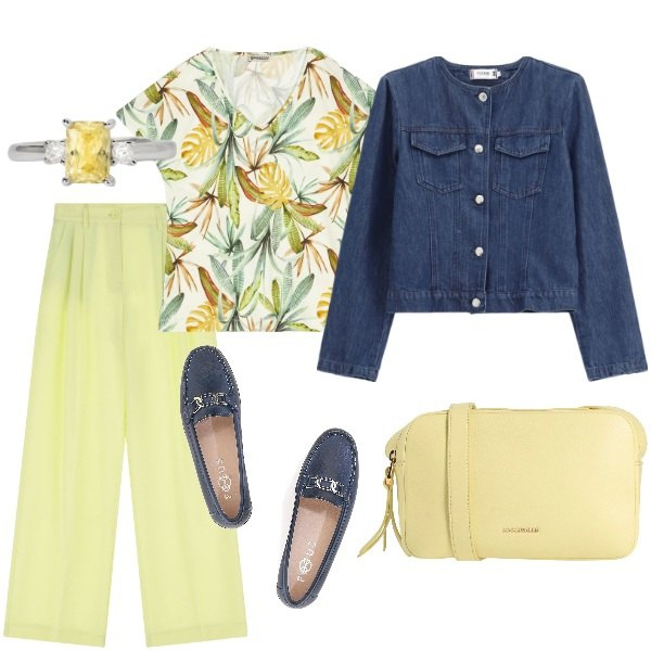 Outfit donna - Aspettando la primavera. Stile Trendy per Tutti i giorni. Abbinamento con borse a tracolla, anelli, blazer, pantaloni, t-shirt, mocassini.