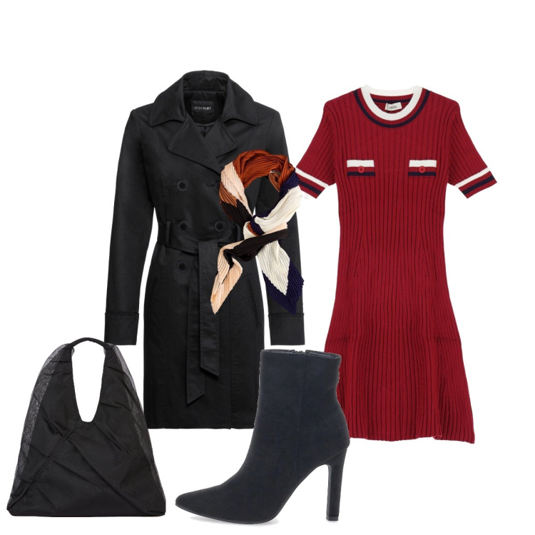 Outfit donna - Con il trench nero. Stile Bon Ton per Tutti i giorni. Abbinamento con trench, vestiti corti, stivaletti, shopping bag, foulard.