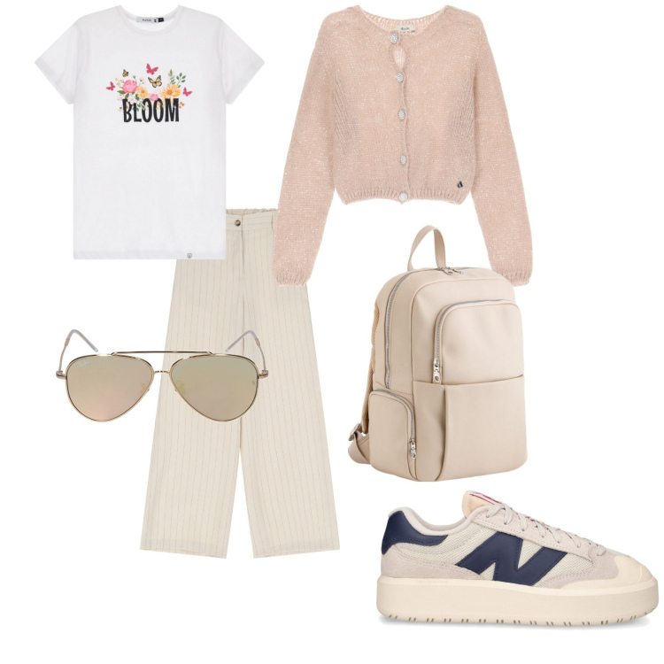 Outfit donna - Passeggiata in centro. Stile Sporty chic per Tutti i giorni. Abbinamento con t-shirt, pantaloni a palazzo, cardigans, sneakers, zaini, occhiali da sole.