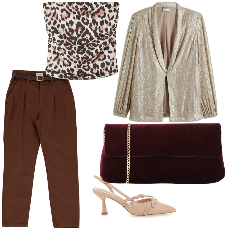 Outfit donna - Serata leopardo. per Serata fuori. Abbinamento con blazer, top, pantaloni chino, pochette, décolleté.