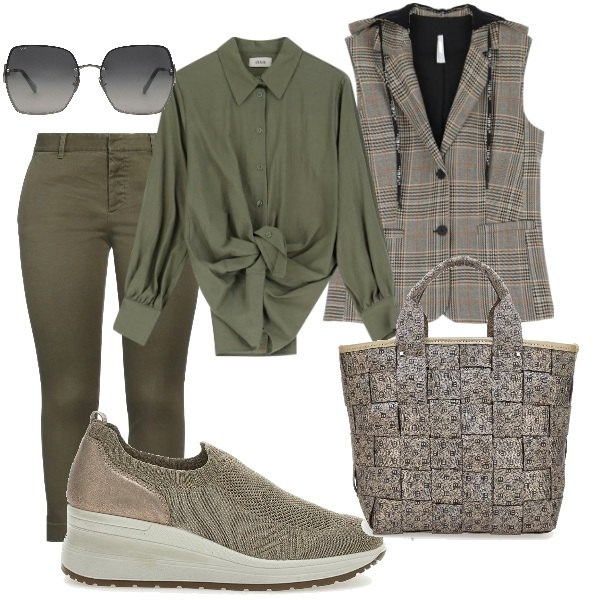 Outfit donna - Aspettando la primavera. Stile Trendy per Tutti i giorni. Abbinamento con pantaloni, occhiali da sole, gilet, camicie, scarpe stringate, borse a mano.