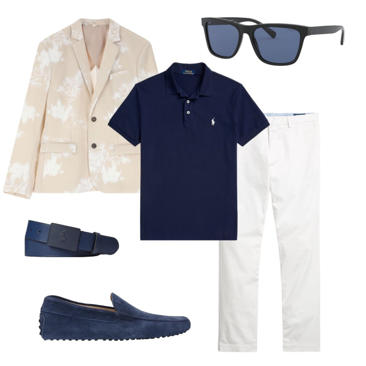 Outfit uomo - Giochi di giacche. Stile Business/Elegante per Cerimonia. Abbinamento con scarpe stringate, giacche, polo, pantaloni chino, occhiali da sole, cinture.